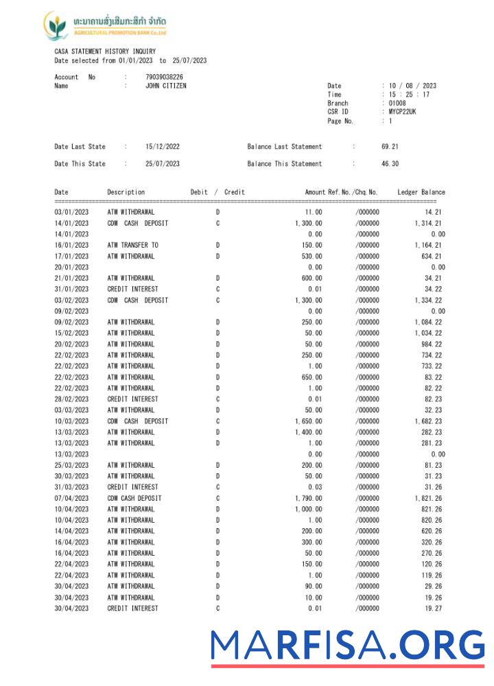 Blank Laos Agricultural Promotion bank statement word 3 pages real example